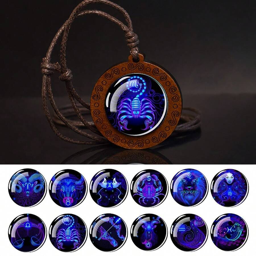 1 chiếc vòng cổ bằng gỗ biểu tượng cung hoàng đạo, Thiên Bình, Bọ Cạp, Nhân Mã, Ma Kết, Bảo Bình, Song Ngư, Mặt dây chuyền bằng gỗ biểu tượng vô cực - phong cách - Xem 1