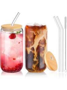 2 Packs Drinking Glasses With Bamboo Lids & Reusable Glass Straws - 16oz Borosilicate Glass Cups Set For Beer, Iced Coffee, Cocktails & Smoothies | Shatter-Resistant Design With Bonus 2 Cleaning Brushes | Dishwasher Friendly Gift-Ready Set For Home Bars, Cafes, Weddings & Gifting