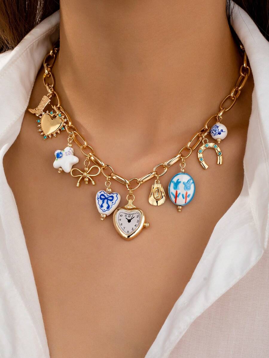 1 pieza Collar con colgante de cerámica de porcelana en forma de corazón con tulipán hecho a mano, collar de múltiples colgantes con apariencia de reloj, collar declarativo para mujeres (el color y la forma tienen variaciones aleatorias)