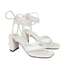 XY LONDON Kiko Women's Lace Up Thong Strap Mid Block Heels, Toe Post, Square Toe, Heeled Sandals, Black, Green, Silver, White, Synthetic Leather, Nightclub Style, Sexy, Party, Spring, Summer - White - View 1