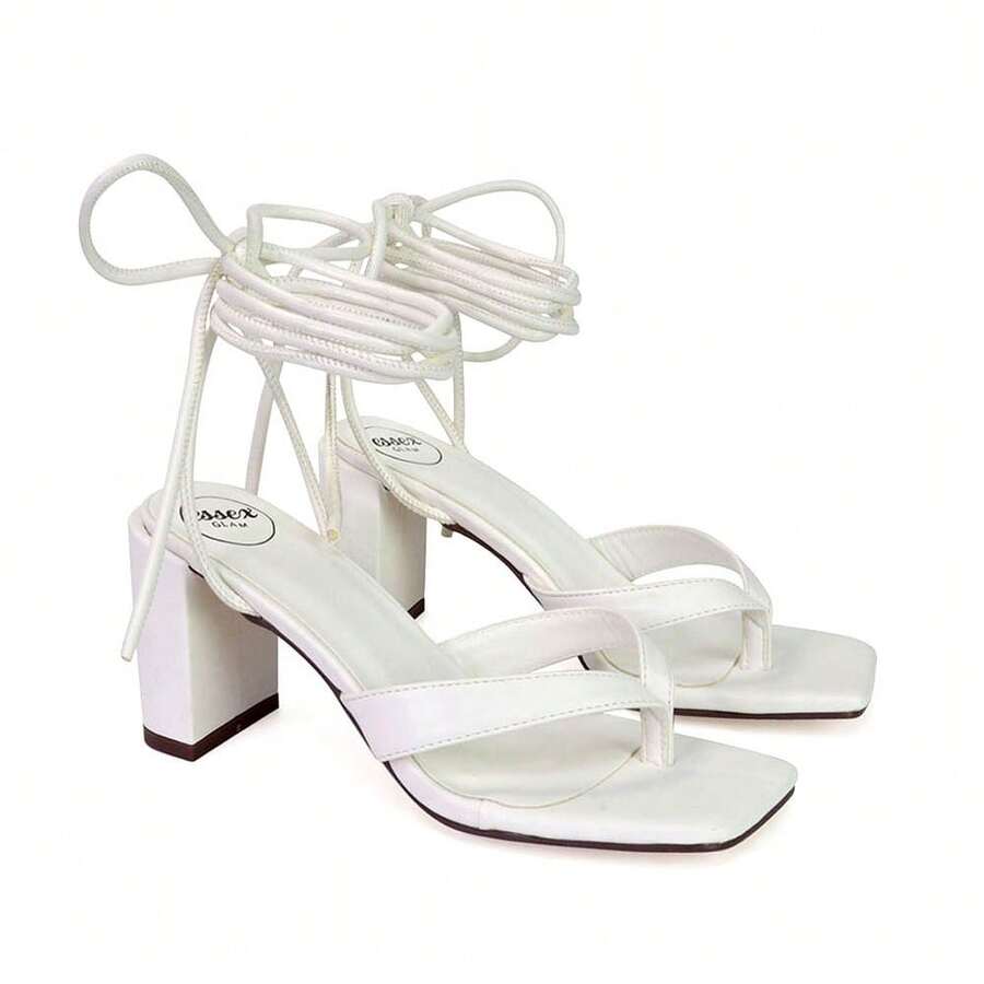 XY LONDON Kiko Women's Lace Up Thong Strap Mid Block Heels, Toe Post, Square Toe, Heeled Sandals, Black, Green, Silver, White, Synthetic Leather, Nightclub Style, Sexy, Party, Spring, Summer - White - View 1