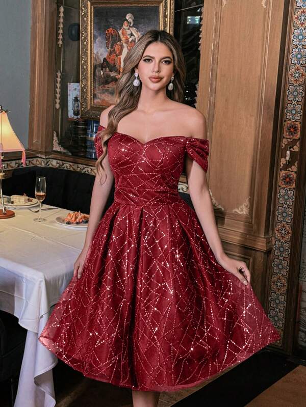 Faeriesty Faeriesty Sparkling Off-Shoulder A-Line Cocktail Dress With Rhinestone Embellishments For Evening Parties