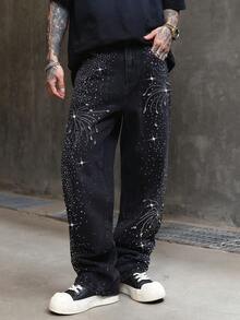 leev Rhinestone Studded Sparkling Glowing Jeans, Washed Denim Fashion Pants, Suitable As Gift For Festivals - Black - View 2