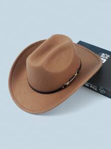 1pc Unisex Solid Color Woolen Cowboy/Cowgirl Hat With Leather Belt Buckle Decor, Versatile Novelty Gifts, Wide Brim Fedora Hats Suitable For Western Themed Parties, Engagements, Graduations, Performances, Celebrations - Top Hat - View 6