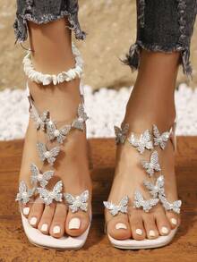 新款蝴蝶结凉鞋，时尚厚底中跟和水晶透明鞋跟，高跟舞鞋，适合青少年，校园风格，高跟舞鞋 - 白色 - 查看 3