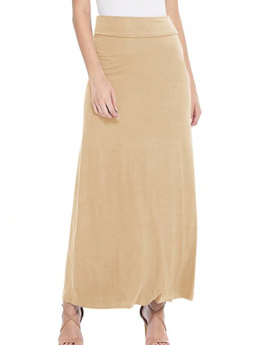 Maxi Length High Waist Foldable Waistband Solid Skirt  Plain  Casual  Elegant  Knitted Fabric        Home  Office  Street  Daily - 卡其色 - 查看 1