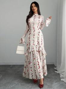Damen elegantes, sexy französisches romantisches Kleid mit Rüschen-Blumen-Ärmeln, doppelter Lage und asymmetrischer Rüschenborte