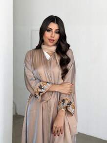 1 pièce Abaya élégante avec broderie florale pour femmes, cardigan maxi avec broderie florale brillante et magnifique sur les poignets, polyvalent pour le port quotidien, les festivals et les rassemblements