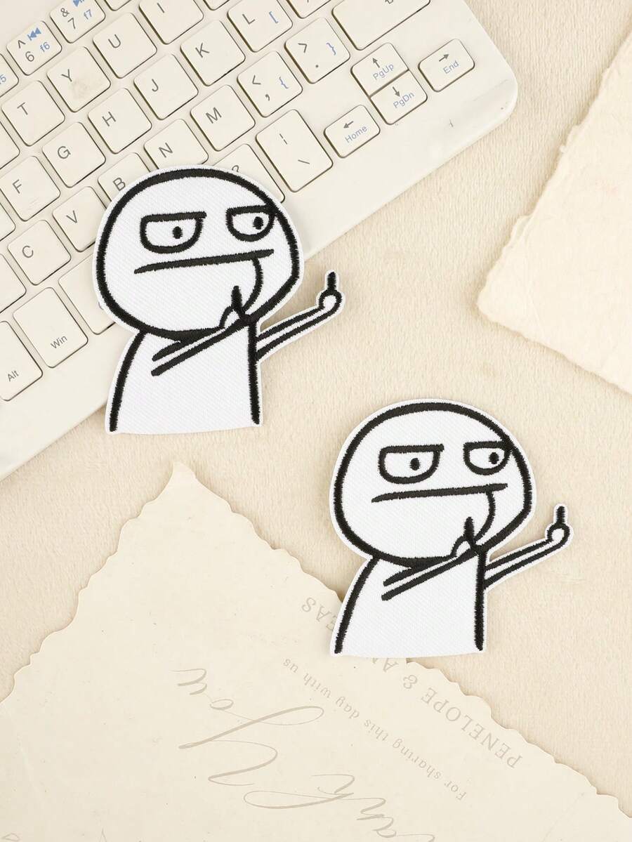 2pcs Dislike Gesture Embroidered Patches, Funny Cute Polyester Iron-On/Sew-On Decorative Patches, Suitable For DIY On Clothing, Bags, Shoes, Hats - Black and White - View 1