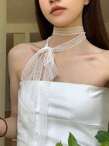 Layered White Lace Bow Waxed Cord Waist Belt, Ribbon Hair Band, Collor Neckband, Versatile For Spring/Summer - Ribbon - View 2