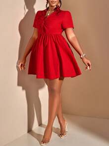 大码女式胸前系带连衣裙，波西米亚风格服装，浪漫情人节、婚礼季节日时尚服装 - 紅色 - 查看 7