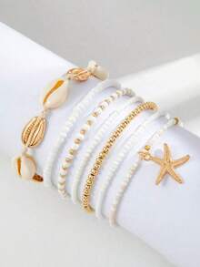 7pcs/Set Bohemian Style Shell And Bead Woven Ankle Set, Beach Themed Starfish And Rice Bead Foot Accessories
