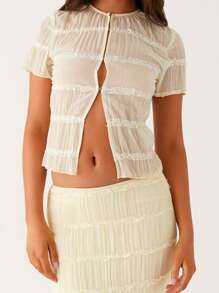 Women's Summer Outfits Solid Pleated Front Opening Crew Neck Short Sleeve Tops With Long Skirt 2 Pcs Set