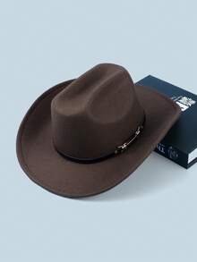 1pc Unisex Solid Color Woolen Cowboy/Cowgirl Hat With Leather Belt Buckle Decor, Versatile Novelty Gifts, Wide Brim Fedora Hats Suitable For Western Themed Parties, Engagements, Graduations, Performances, Celebrations - Top Hat - View 4