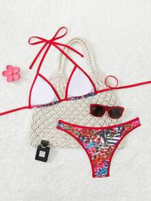 Women's New Summer Beach Vacation Sexy Leopard Contrast Color String Bikini - Multicolor - View 2