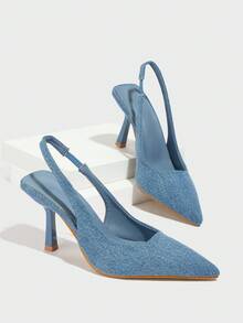 Women's Pointed Toe Chunky Heel Suede Pumps With Back Strap, Breathable Closed Toe High Heel Slingbacks For Summer - Blue - View 1