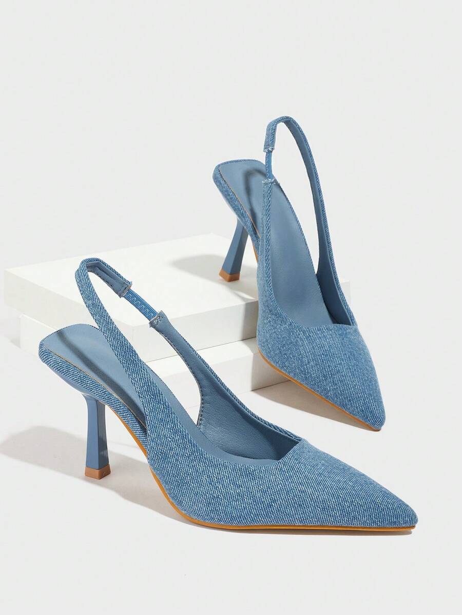 Women's Pointed Toe Chunky Heel Suede Pumps With Back Strap, Breathable Closed Toe High Heel Slingbacks For Summer - Blue - View 1