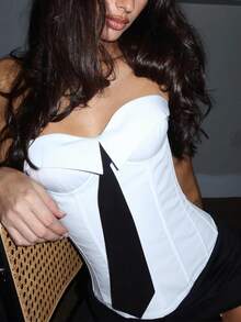 Yuwenier Y2K College Style Boned With Bow Tie Decoration White Corset Top Bustier Overbust Strapless Lace-Up Backless Shapewear Crop Tube Tops For Halloween Club Outfit - 白色 - 查看 2