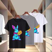2025 Unisex Summer Pure Cotton T - Shirt With A Colorful Rabbit Holding Flowers Pattern - Multicolor - View 1