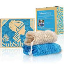 Esponjas africanas auténticas de SubSahara - Set de 2 piezas de exfoliante para todo tipo de piel, esponja de baño para cara y Body, portátil para viajes, duradera, exfoliación suave - Lino y azul cielo - Ver 1