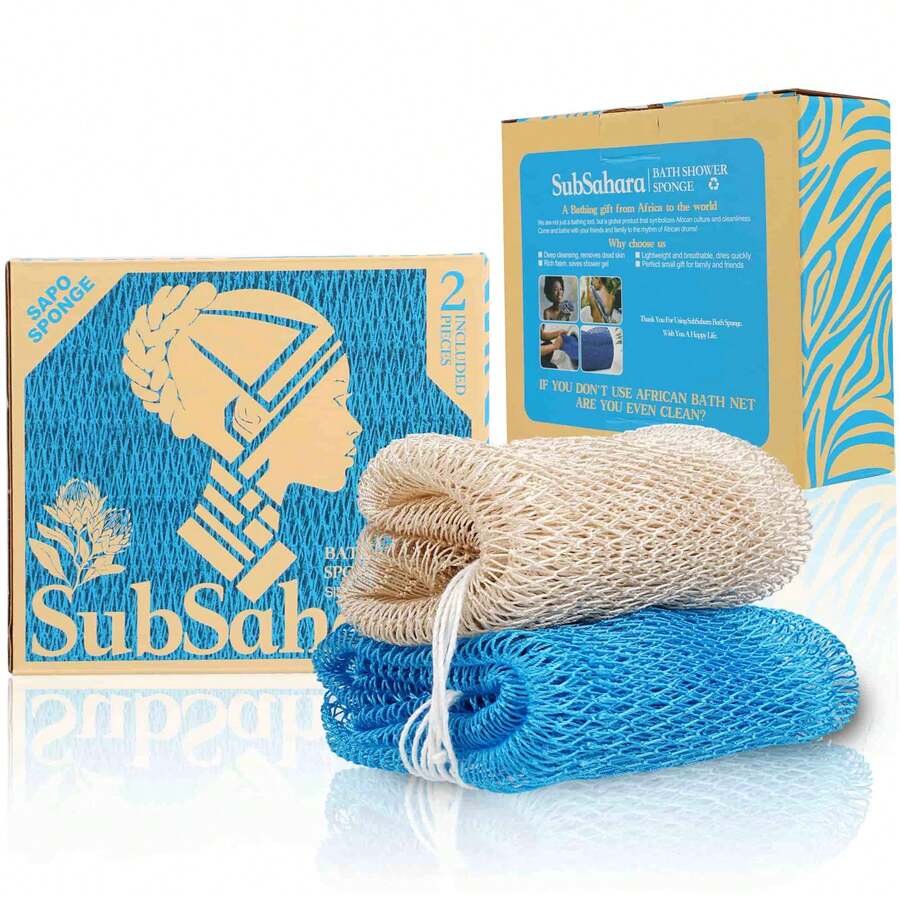 Esponjas africanas auténticas de SubSahara - Set de 2 piezas de exfoliante para todo tipo de piel, esponja de baño para cara y Body, portátil para viajes, duradera, exfoliación suave - Lino y azul cielo - Ver 1