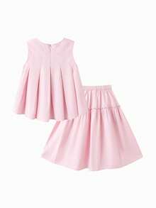 Balabala 2 Stück/Set Mädchen Einfarbiges Oberteil mit Schleife und Mini Rock, süß & modisch für den Sommer - Rosa - Übersicht 2