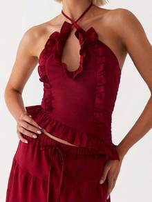 Women Ruffle Frill Halter Tops Sexy Cutout Backless Cami Tanks Asymmetrical Hem Y2K Slim Fit Cute Going Out Top - Màu Đỏ Sâu - Xem 3
