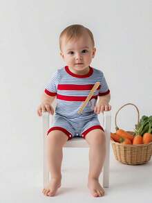 Baby Boy Baseball Embroidered Romper Striped Short Sleeve Waffle Knit Bodysuit Casual Summer Clothes - Blue - View 3
