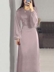 Women Solid Color Round Neck Elegant Lantern Sleeve Slim Waist Long Dress - Pink - View 1