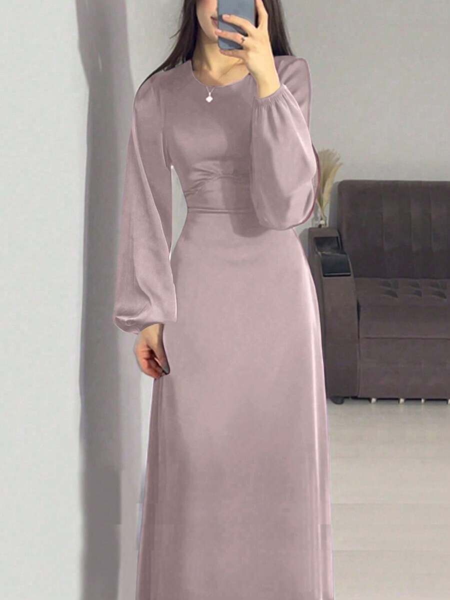 Women Solid Color Round Neck Elegant Lantern Sleeve Slim Waist Long Dress - Pink - View 1