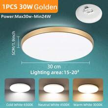 CANMEIJIA LED 可调节天花板灯具，面板浴室灯，亮色房间照明，纯白色家居装饰照明，220V，方形/圆形，30W/40W/50W/60W，适用于卧室、客厅、书房、壁橱、厨房、走廊、单人间、仓库、办公室、工作室、商店（根据使用需求选择尺寸） - LED吸頂燈多色變光(3000k-6500k) - 查看 35