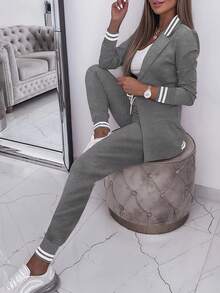 2pcs Women's Contrast Striped Patchwork Jacket And Pants Suit Set - Dark Gray - View 1