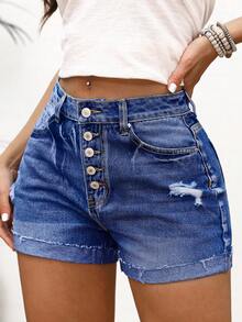 Women's Casual Washed Button-Up Distressed Denim Shorts - Dark Wash - View 6