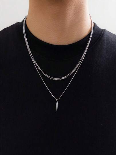 2pcs/Set Men's Stainless Steel Rivet Pendant Necklace, Streetwear Double Layer Chain Necklace, Suitable For Daily Wear, Boyfriend Gift School Halloween Accessories Punk