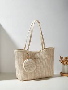 2-Piece Set: Fashionable Straw Tote Bag & Shoulder Bag - Beige - View 2