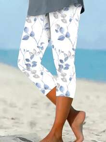 Women's Floral Print 3/4 Leggings, Polyester, Medium Stretch, Regular Fit, Soft Touch - White - View 3