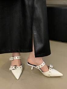 2025秋冬新款女士时尚尖头穆勒鞋，白色，优雅，女士浅口鞋，猫跟鞋，双扣带设计，一脚蹬高跟鞋