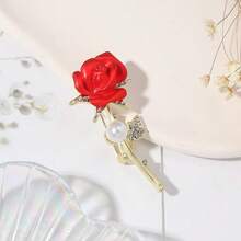 1pc Fashion Pearl Rhinestone Rose Flower Brooch - Red - View 2