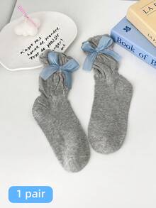 1 Pair Girls Thin Long Socks With Bow Lace Details, Princess Style Solid Color Mid-Calf Socks For Teens And Children - Multicolor - View 12