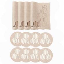 millianess 4pcs White/Beige Premium Hollow-Out Placemats Set With 8pcs Matching Coasters, Modern Minimalist Cubic Line Design With Strong 3D Effect, Made Of Polyester Fabric, Rectangular Placemats 30cm*45cm, Round Coasters 10cm Diameter, Reversible For Multi-Occasions