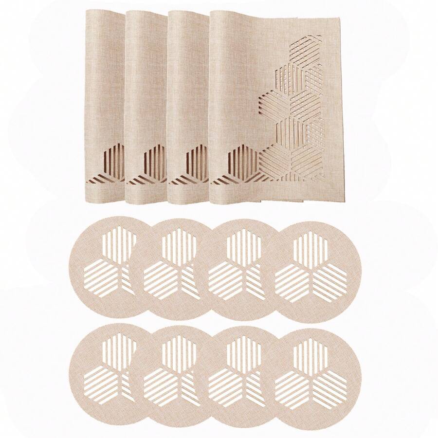 millianess 4pcs White/Beige Premium Hollow-Out Placemats Set With 8pcs Matching Coasters, Modern Minimalist Cubic Line Design With Strong 3D Effect, Made Of Polyester Fabric, Rectangular Placemats 30cm*45cm, Round Coasters 10cm Diameter, Reversible For Multi-Occasions