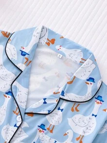 2 pezzi Set pigiama da donna, stampa a paperelle, abbigliamento da casa, outfit primaverile/estivo, top a maniche corte con bavero e pantaloncini, abbigliamento da relax - Blu - Visualizzare 3