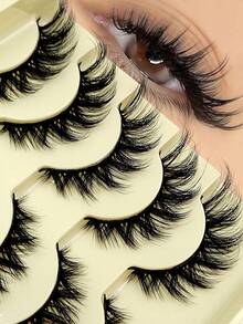 Asiteo 5 Pairs/Pack Natural Cat Eye Thick & Fluffy False Eyelashes, Dramatic Messy Faux Mink Lashes, Lengthening Eyelash Strips, Fox Eye Lifting Makeup Effect, Full Strip Lashes Can Extend And Thicken Outer Corner - 眼尾拉長款 - 查看 3