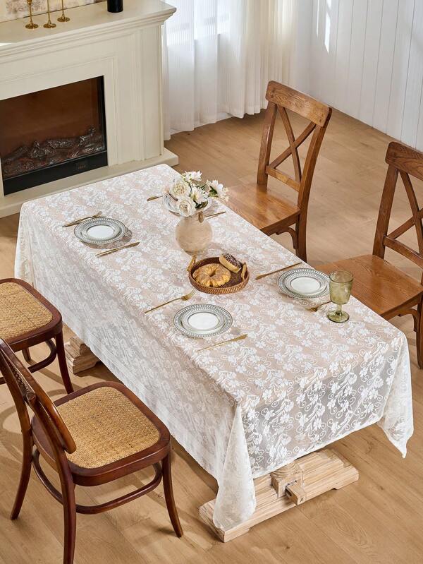 1 Pc Of French-Style White Lace-Edged Tablecloth. It Is A Rectangular Polyester Tablecloth, Suitable For Dining Tables In The Living Room, Bedrooms, And Coffee Tables In The Office. It Can Be Washed By Hand Or In A Washing Machine, And Is Easy To Clean. It Serves As A Central Decorative Item For The Home. It Is Woven On A Machine, In A Solid Color, And Is Square In Shape.