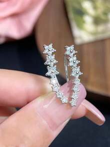 1 Pair European & American Style Edgy Lined Floral Ear Clip Earrings, Minimalist Star Design Lightweight Luxurious Ear Studs Jewelry Valentine's Day Accessories - Silver - View 5