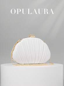 OpulAura 女士优雅/奢华褶皱缎面盒形手拿包、浪漫婚礼钱包、迷人/精致晚礼服包、简约白色盒形手提包，配有可拆卸链条，适合作为节日礼物 - 白色 - 查看 2