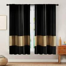 1Set/2pcs Modern Black & Golden Color Block Pattern Curtain Panels,100%Material Semi-Shading - UV Protection Polyester Drapes,With Fashion Golden Print Design,Fade Resistant, ,These Window Drapes Provide Privacy And Serve As Decorative Elements For The Living Room - Black Gold - View 5