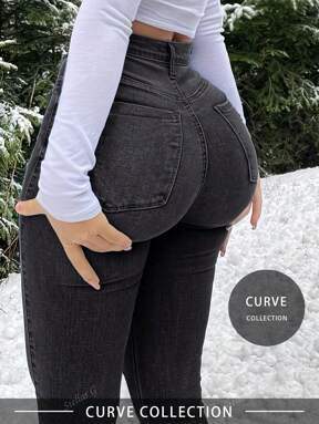 Grand taille Jeans en denim à taille haute stretch, pantalon décontracté ample à jambe droite, jeans à jambe large, taille affinante