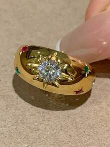 1 件巴洛克风格奢华锆石星形圆顶戒指，适合女士 - 金色 - 查看 7