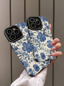 1 Stück Vintage blumige Muster klassisches vertikales Kunstleder Schutzhülle in Blau, kompatibel mit Apple 15/15 Plus/15 Pro/15 Pro Max
